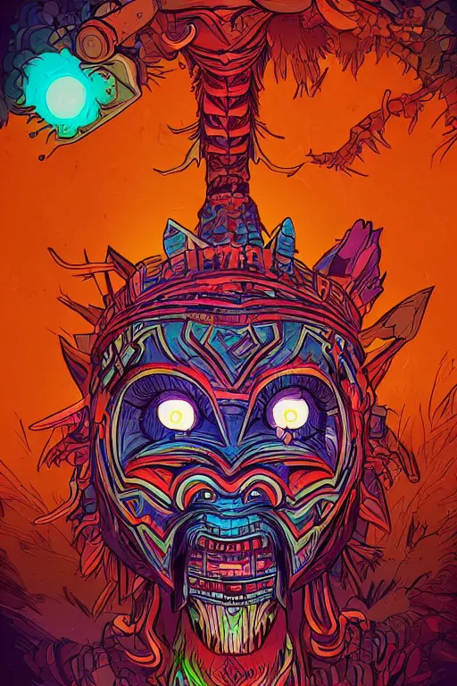 Image similar to totem animal tribal chaman vodoo mask feather gemstone plant wood rock video game illustration vivid color borderlands by josan gonzales and dan mumford radiating a glowing aura