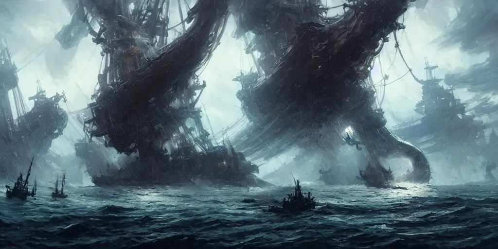 Image similar to A medieval ship flotilla is getting destroyed by a giant kraken monster at sea. In style of Yoji Shinkawa and Hyung-tae Kim, trending on ArtStation, Greg Rutkowski, dark fantasy, great composition, concept art, highly detailed, scenery.