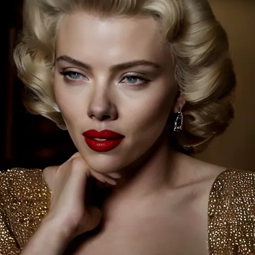 Image similar to stunning awe inspiring scarlett johansen as marilyn monroe, movie still 8 k hdr atmospheric lighting