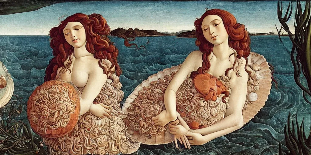 Image similar to an hyperrealistic mythological oil painting of venus with long curly brown hair, full body, wearing floral chiton, sleeping in a giant scallop shell near the seashore, intricate, elegant, renaissance style, by sandro botticelli