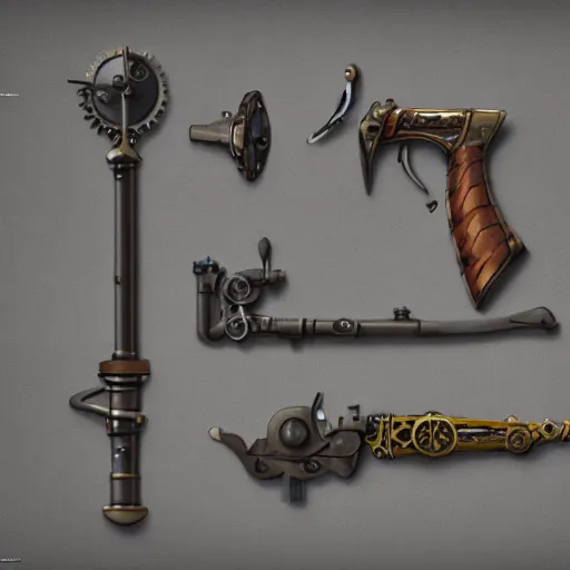 Image similar to steampunk style weapons, concept art, octane render