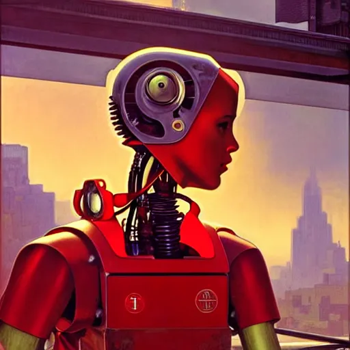 Prompt: the robot from the movie short circuit, wearing a red polo shirt, a gamestop setting, intricate, headshot, highly detailed, digital painting, artstation, concept art, sharp focus, cinematic lighting, illustration, art by artgerm and greg rutkowski, alphonse mucha, cgsociety, edward hopper