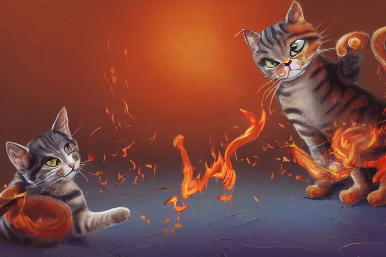 Image similar to a high detail paint of Two cats dancing around flaming earthenware, in simple background, concept art, mad painting