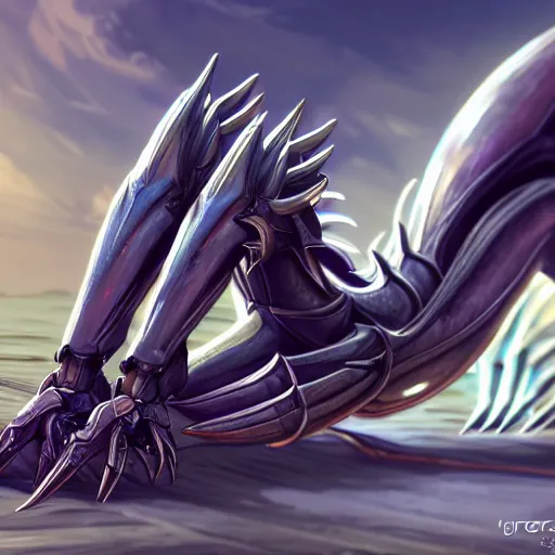 Image similar to very close up foot shot, detailed foot shot, hyperdetailed elegant beautiful stunning hot anthropomorphic mecha female dragon showing detailed sharp dragon feet close to camera, laying on beach, sharp claws, sharp silver armor, elegant legs, feet art, warframe destiny fanart, giantess art, dragon paws, furaffinity, deviantart, octane, ekasportal