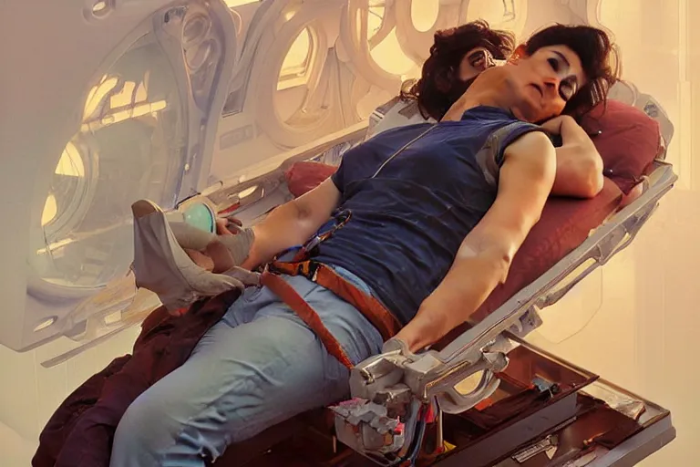 Image similar to Sensual good looking pale young Indian doctors wearing jeans asleep in a space station above Earth performing surgery, portrait, elegant, intricate, digital painting, artstation, concept art, smooth, sharp focus, illustration, art by artgerm and greg rutkowski and alphonse mucha