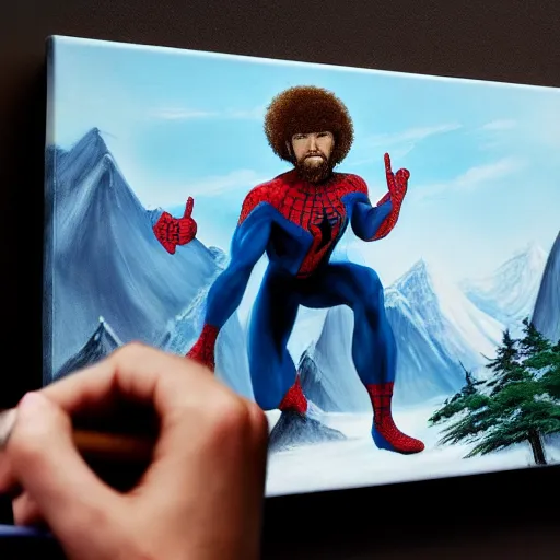 Image similar to a closeup photorealistic photograph of bob ross working on a canvas painting of spiderman. film still. brightly lit scene. mountains and trees. this 4 k hd image is trending on artstation, featured on behance, well - rendered, extra crisp, features intricate detail, epic composition and the style of unreal engine.