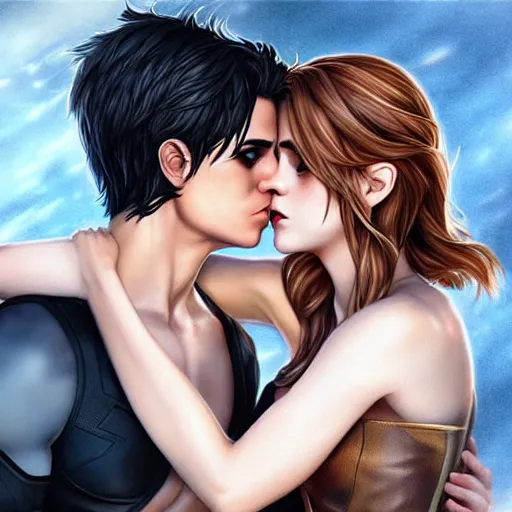 Image similar to emma watson kissing nightwing, realistic, intricate, elegant, art by artgerm and wlop