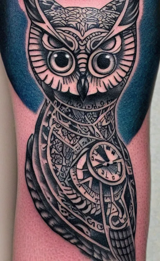 Image similar to a tattoo of an owl in a timeclock, ultra detailed, tattoo, 8 k