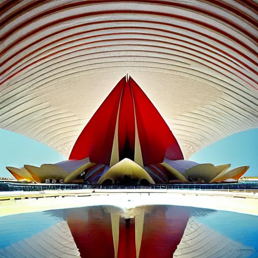 Prompt: futuristic lotus temple space station with gold, red and white marble panels, by santiago calatrava and buckminster fuller and syd mead, intricate contemporary architecture, photo journalism, photography, cinematic, national geographic photoshoot