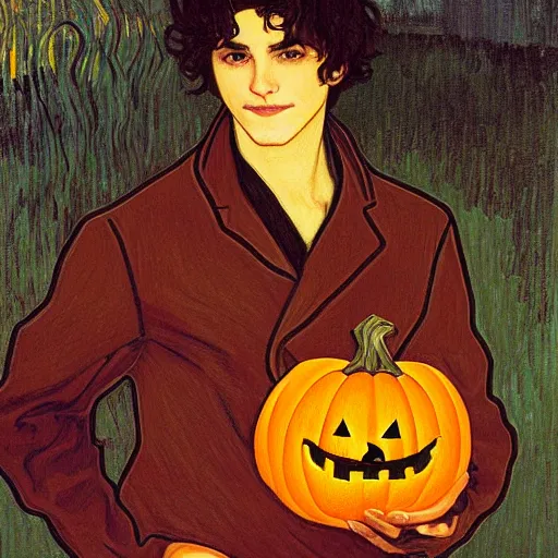 Prompt: painting of young cute handsome beautiful dark medium wavy hair man in his 2 0 s named shadow taehyung at the halloween pumpkin jack o'lantern party holding pumpkin, melancholy, autumn colors, japan, elegant, clear, painting, stylized, delicate, soft facial features, delicate facial features, soft art, art by alphonse mucha, vincent van gogh, egon schiele