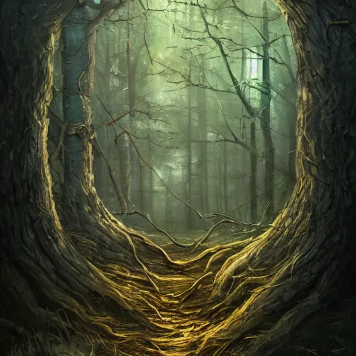 Image similar to an old and misteriouly looking wooden door in the depths of the forest, fantady painting, trending on artstation, high res, full hd, award winning