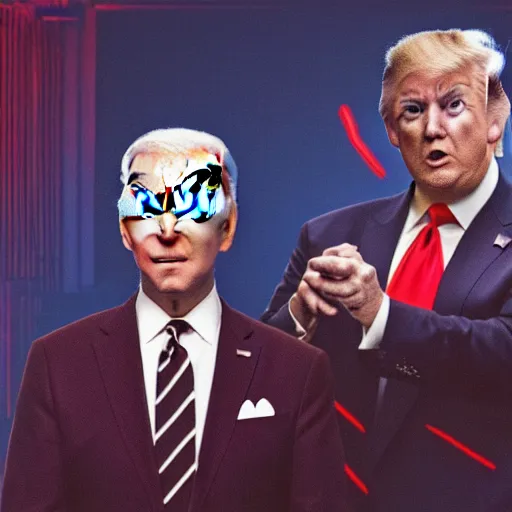 Prompt: cinematic shot of donald trump and joe biden with glowing red eyes facing each other on top of a building, 8 k, very detailed, very intricate, epic, badass,