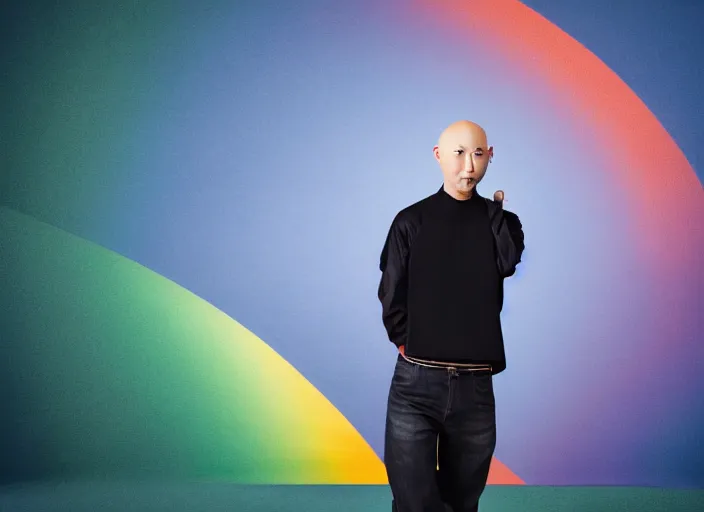 Image similar to japanese man with bald head and beard wearing short denim and leather clothes dancing next to a rainbow, full body portrait, dynamic lighting