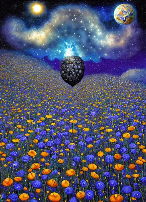 Image similar to detailed, intricate blue black and purple papaverum flower on the field, nebula, galaxy in the sky, winning award masterpiece, fantastically beautiful, illustration, aestheticly inspired, jacek yerka, upscale with anguissola sofonisba work, artstation, 8 k