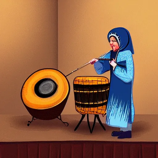 Image similar to a babushka playing drums on a stage, the drums look like giant muffins, digital art