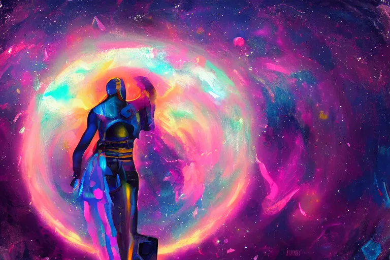 Image similar to digital art of a spiritual gladiator looking up at the stars, acrylic art, universe, painting, pastel colors, synthwave, retro, cyberpunk,