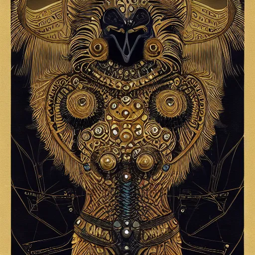 Image similar to an organic cybernetic being, anthropomorphic crow, ornate golden detailing on their body