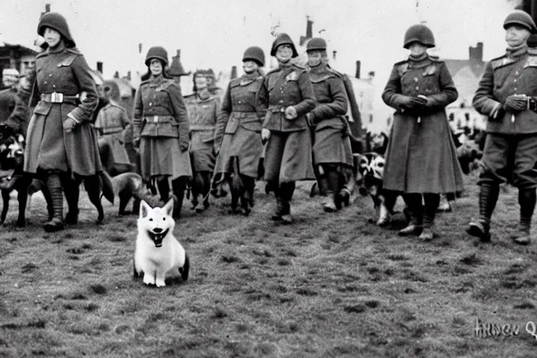 Image similar to ultra wide historical far away photo of young queen elizabeth and her corgi army conquering nazi germany, sharp focus, highly detailed