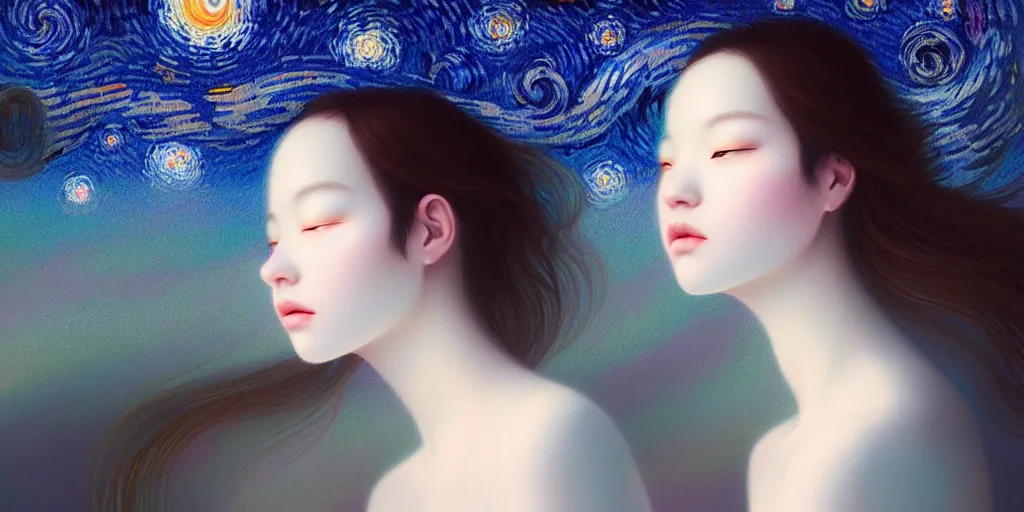 Prompt: breathtaking delicate detailed concept art painting faces with starry night inside, by hsiao - ron cheng, bizarre compositions, exquisite detail, pastel colors, 8 k