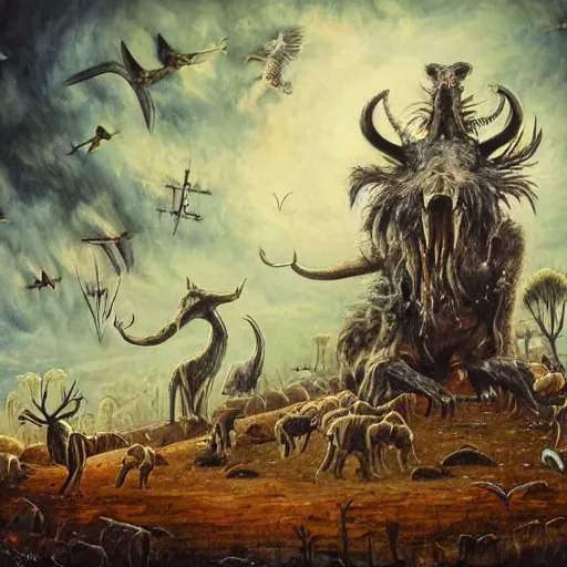 Image similar to a painting of many different types of animals, a detailed painting by yerkaland, cgsociety, neo - primitivism, apocalypse landscape, apocalypse art, dystopian art