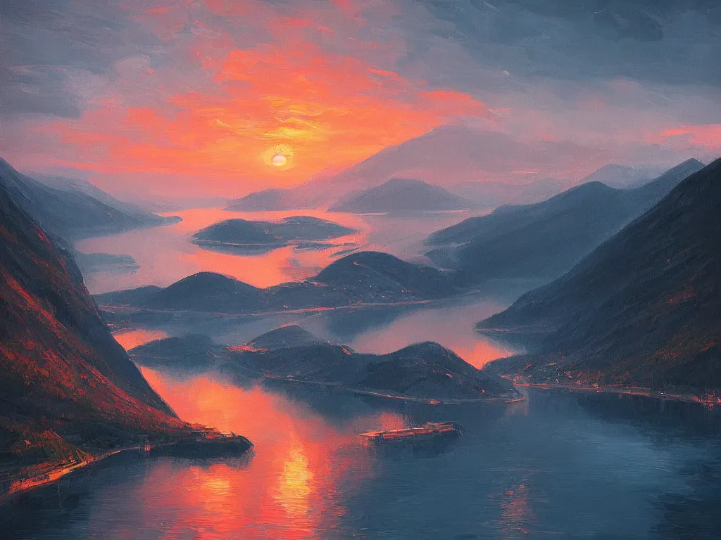 Image similar to the fjords of norway at dusk by alena aenami, petros afshar speedart