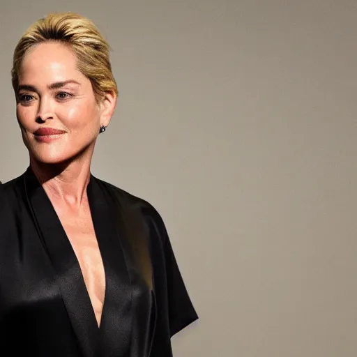 Prompt: Sharon Stone wearing a black Kimono with an intricate flower pattern, XF IQ4, f/1.4, ISO 200, 1/160s, 8K, RAW, unedited, symmetrical balance, in-frame