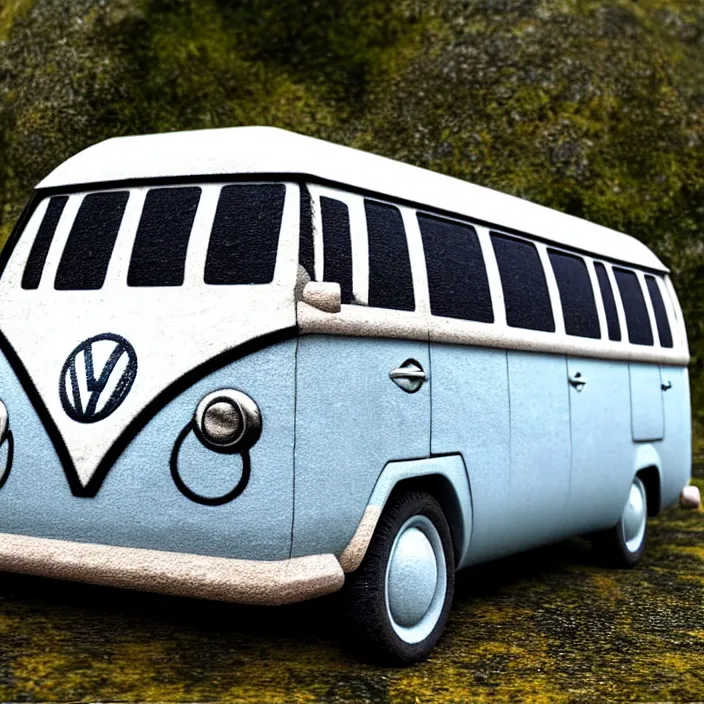 Image similar to ultra - realistic image of an ancient vw bus made of stone