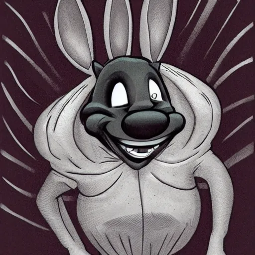 Image similar to A extremely highly detailed majestic hi-res beautiful, highly detailed head and shoulders portrait of a scary terrifying, horrifying, creepy goofy evil black cartoon rabbit with scary big eyes, earing a shirt laughing, hey buddy, let's be friends, in the style of Walt Disney