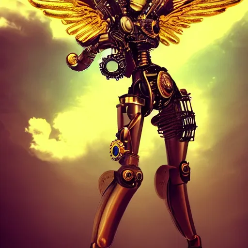 Image similar to a steampunk robotic angel, retro, steam, extremely detailed, particles, cinematic lighting, anime, clouds, sky, lush, beautiful,