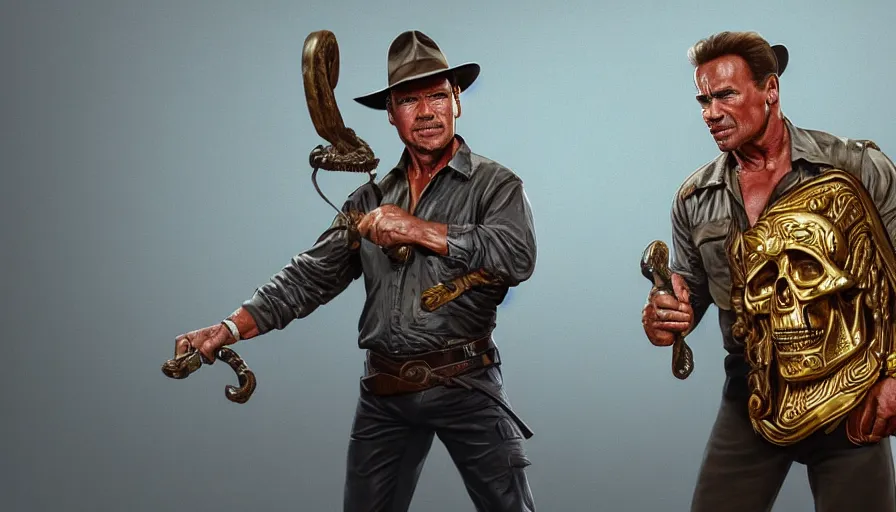 Prompt: arnold schwarzenegger as indiana jones holding a whip in left hand and holding a golden mayan skull in the right hand, grey background, hyperdetailed, artstation, cgsociety, 8 k