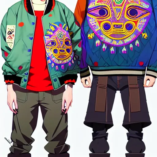 Image similar to majora majora's mask wearing oversized mayan bomber jacket with overalls, bulky poofy bomber jacket with mayan patterns, aztec street fashion, botw art style, gapmoe yandere grimdark, trending on pixiv fanbox, painted by greg rutkowski makoto shinkai takashi takeuchi studio ghibli, akihiko yoshida