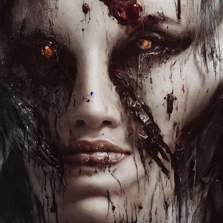 Image similar to A portrait of a monstrous women cuts all over her face by Greg Rutkowski, Sung Choi, Mitchell Mohrhauser, Maciej Kuciara, Johnson Ting, Maxim Verehin, Peter Konig, Bloodborne, 8k photorealistic, cinematic lighting, HD, high details, dramatic, dark atmosphere, trending on artstation
