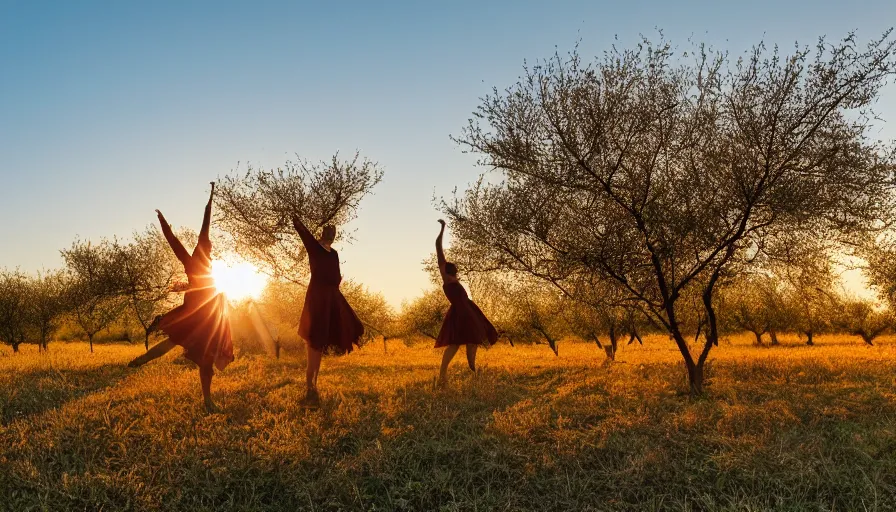 Image similar to dancing in a field of ripe peach trees, photo, cinematic lighting, cinematic still, golden hour