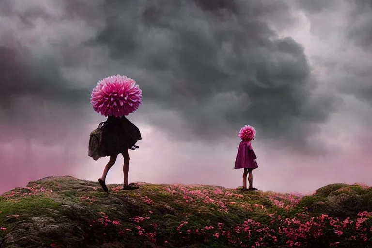 Image similar to giant dahlia flower crown under head, girl walking on mountain, surreal photography, pink and grey storm clouds, dramatic light, impressionist painting, digital painting, artstation, simon stalenhag