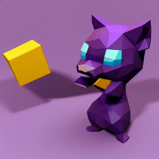 Image similar to a small purple animal with a yellow box on its head, a low poly render by miyamoto, polycount, rayonism, low poly, polycount, rendered in maya