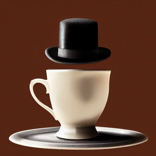 Image similar to Award winning photograph of a British Cup of tea with a bowler hat on top, cantered composition, realistic, highly detailed, trending artstation, 8k, food photography