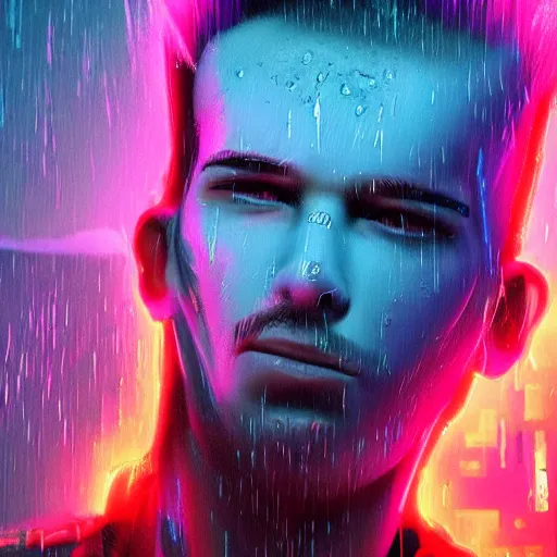 Image similar to splashes of neon clouds, mowhawk, punk portrait made out of paint with rain in the background, trending on artstation, epic composition, emotional, beautiful, rendered in octane, highly detailed, realistic, comic book art, sharp focus, matte painting, unreal engine