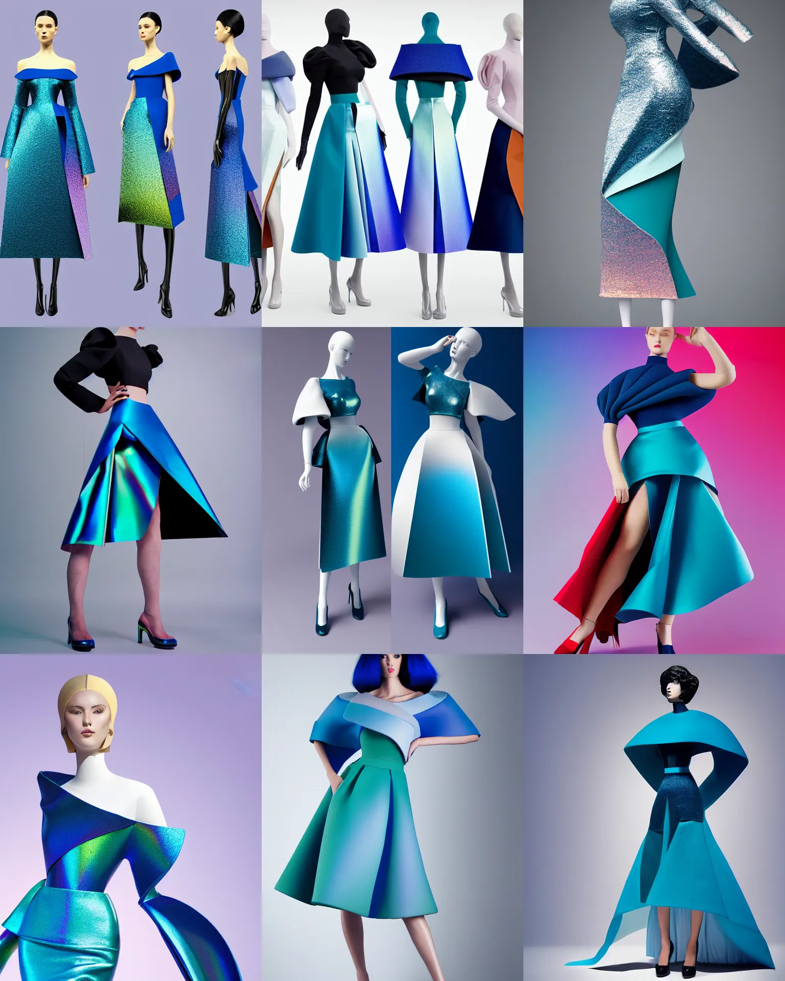 Prompt: designer figure collection ball shaped accordion sleeve haute couture, sailor uniform, midi skirt, coat, synthetic curves striking pose, dynamic folds, cute huge pockets, volume flutter, youthful, modeled by modern designer bust, body fitted dart manipulation, award fashion, picton blue, teal gradient scheme, holographic tones, expert composition, professional retouch, editorial photography