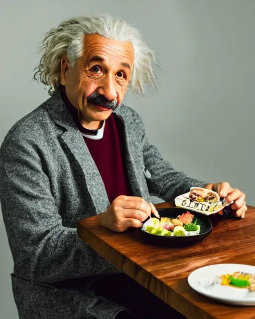 Image similar to a portrait of albert einstein sitting at the dining table with a plate containing sushi in front of him, highly detailed, trending on artstation, bokeh, 9 0 mm, f / 1. 4