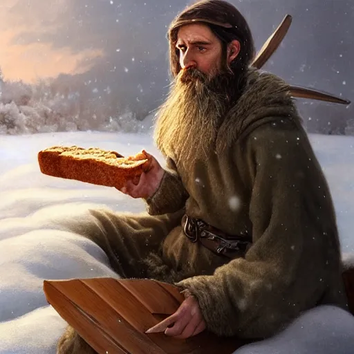 Prompt: epic portrait An viking eating loaf of bread during winter, blizzardy, beauty, pretty face, glossy skin, beard, digital painting, artstation, concept art, soft light, hdri, smooth, sharp focus, illustration, fantasy, intricate, elegant, highly detailed, D&D, matte painting, in the style of Greg Rutkowski and Alphonse Mucha and artemisia, 8k, highly detailed, jurgens, rutkowski, bouguereau, pastoral, rustic, georgic