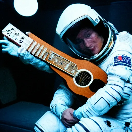 Prompt: photo of astronaut playing guitar, cinestill, 800t, 35mm, full-HD