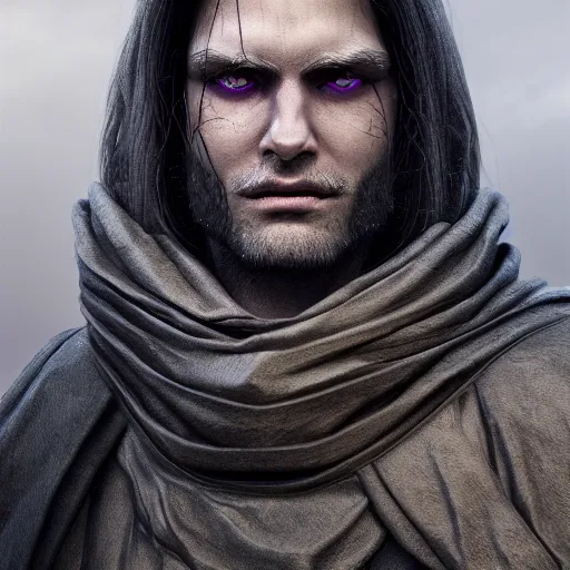 Image similar to a highly detailed portrait of a man with purple eyes, light gray long hair, beardless, wearing a black cloak, artstation, DeviantArt, professional, octane render