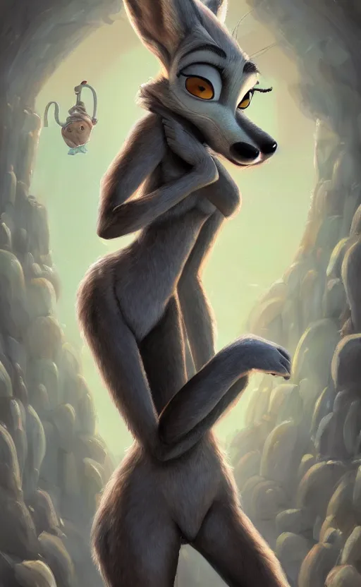 Image similar to oil painting of detailed full body of anthromorphic female wolf, in style of zootopia, zootopia, zootopia, fursona, furry, furaffinity, 4 k, deviantart, furry art, fursona art, wearing black business suit, business suit, in style of zootopia, wolf fursona, cyberpunk, female, expressive detailed feminine face,