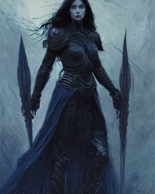 Prompt: a beautiful woman dark hair in an armor with dark eyes, perfect body, perfect face, highly detailed, elegant, dark blue, ethereal horror fantasy art by greg rutkowski and magali villeneuve and claude monet