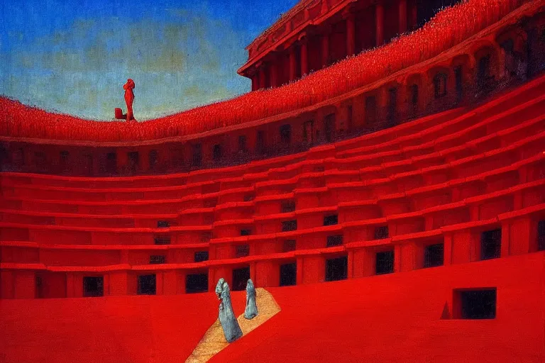 Image similar to only with red, a red great emperor, taormina amphitheatre, crowd with big smile, in the style of beksinski, parts by edward hopper, parts by rodcenko, parts by yue minjun, intricate and epic composition, red by caravaggio, insanely quality, highly detailed, masterpiece, red light, artstation, 4 k