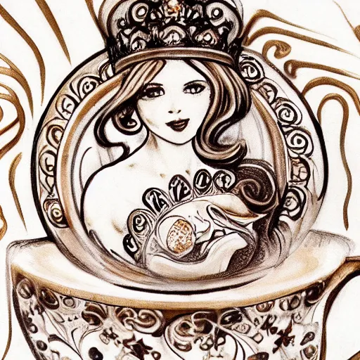 Prompt: mucha mocha latte barrista creamer art drawing of a royal princess on the top of the cappucinno froth