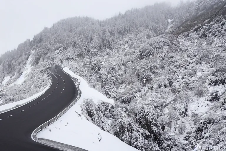 Image similar to a dangerous winding road route on an icy snowy cliff edge, blizzard, photo