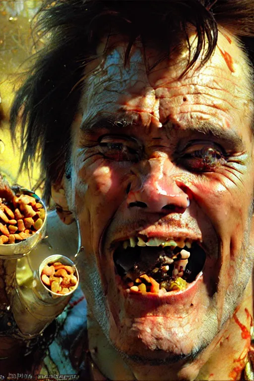 Image similar to jim carrey eating baked beans and laughing, extreme close up, high detail, insane face, portrait dnd, painting by gaston bussiere, craig mullins, greg rutkowski, yoji shinkawa