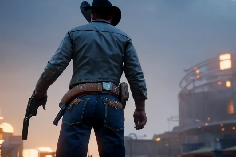 Prompt: photo from behind of a cowboy, carrying a gun, on a futuristic shopping mall, cinematic lightning, ray tracing, unreal engine 5, photorealistic, 8 k, uhd, 4 k, red dead redemption 3 game concept, extremely detailed, beautiful, elegant, intricate, foggy, in - game footage