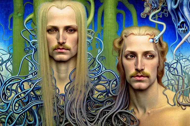 Image similar to realistic detailed portrait painting of a beautiful ghost man with blond hair with an alien, futuristic sci-fi forest on background by Jean Delville, Amano, Yves Tanguy, Alphonse Mucha, Ernst Haeckel, Edward Robert Hughes, Roger Dean, rich moody colours, blue eyes